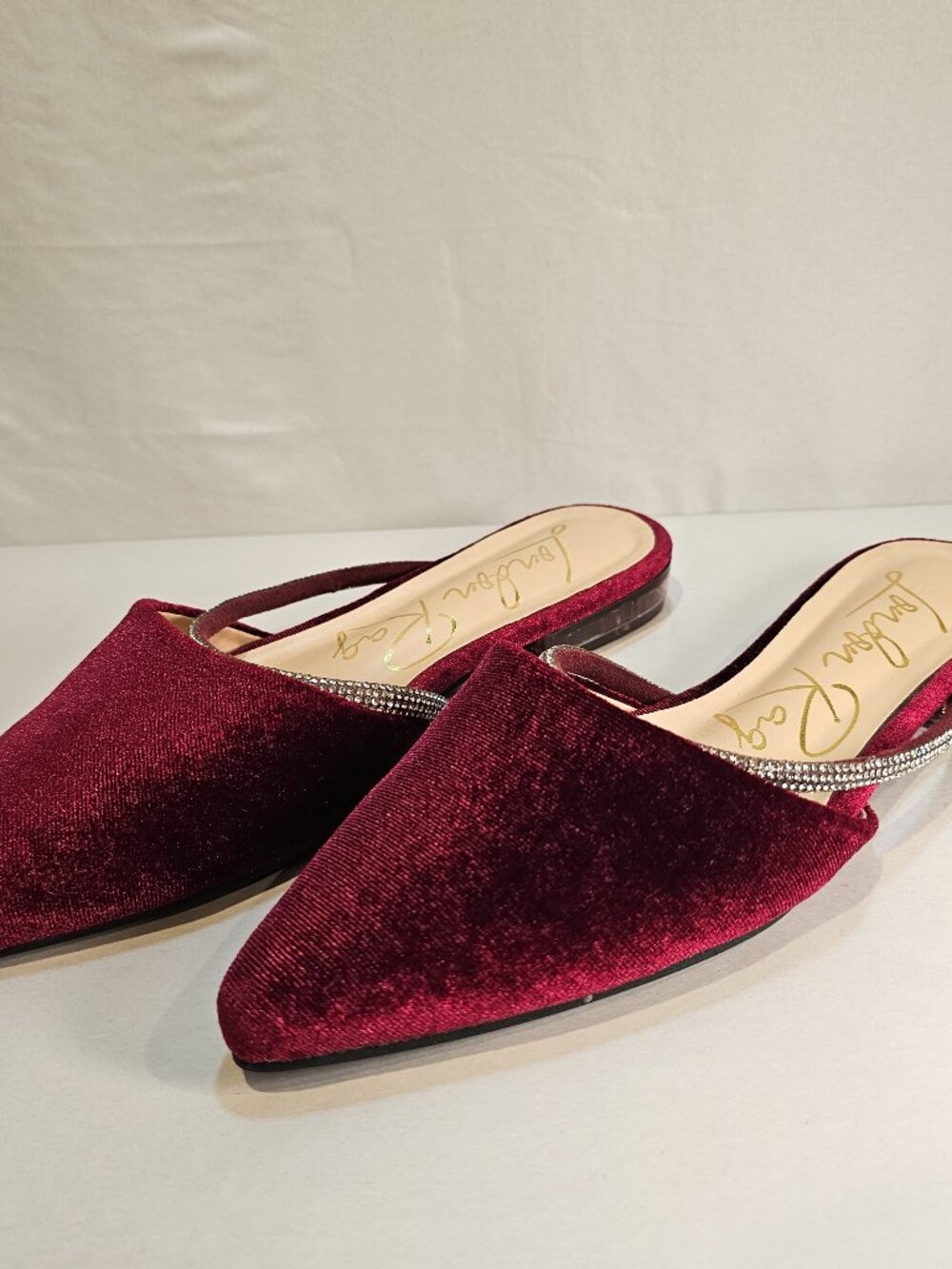 London Rag Turnon Mules Velvet Diamante Mules Pointed Toe Rhinestone Flat Size 9